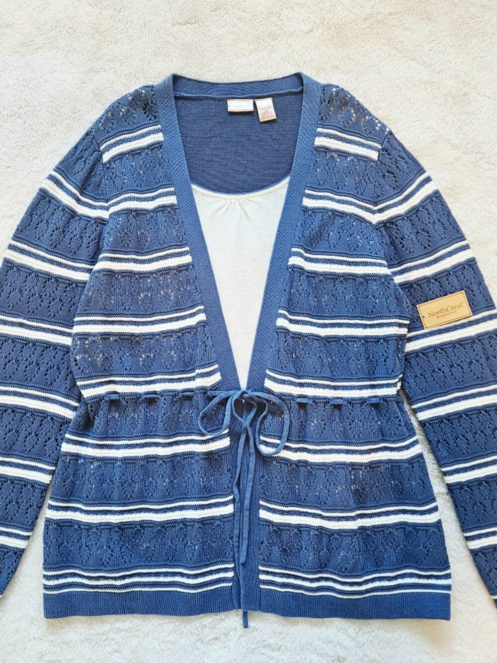 NWT Northcrest Women's Plus 2X Blue Striped Openwork Cardigan Waist Ties Sweater